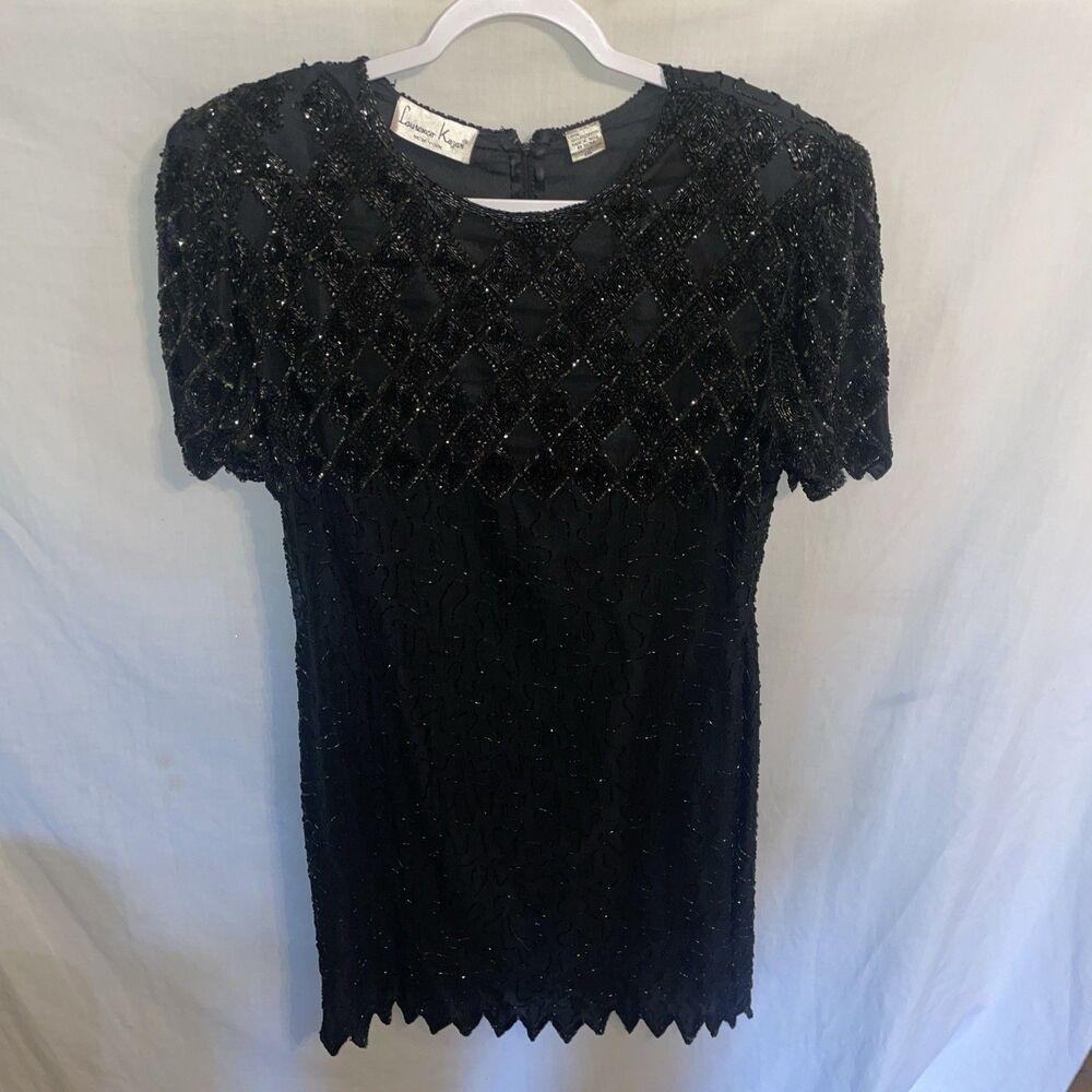 Vintage Laurence Kazar Women’s 100% Silk Dress Black Heavily Beaded Size 2XL